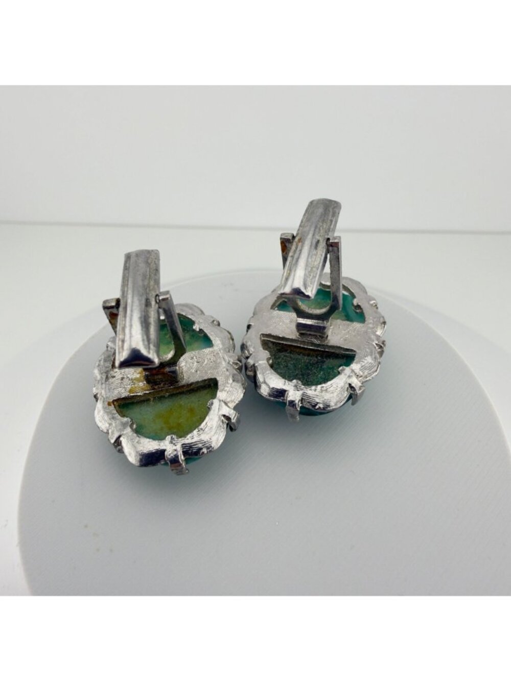 Vintage Green Domed Cabochon Cuff Links Silver Tone Mid Century - Picture 5 of 6